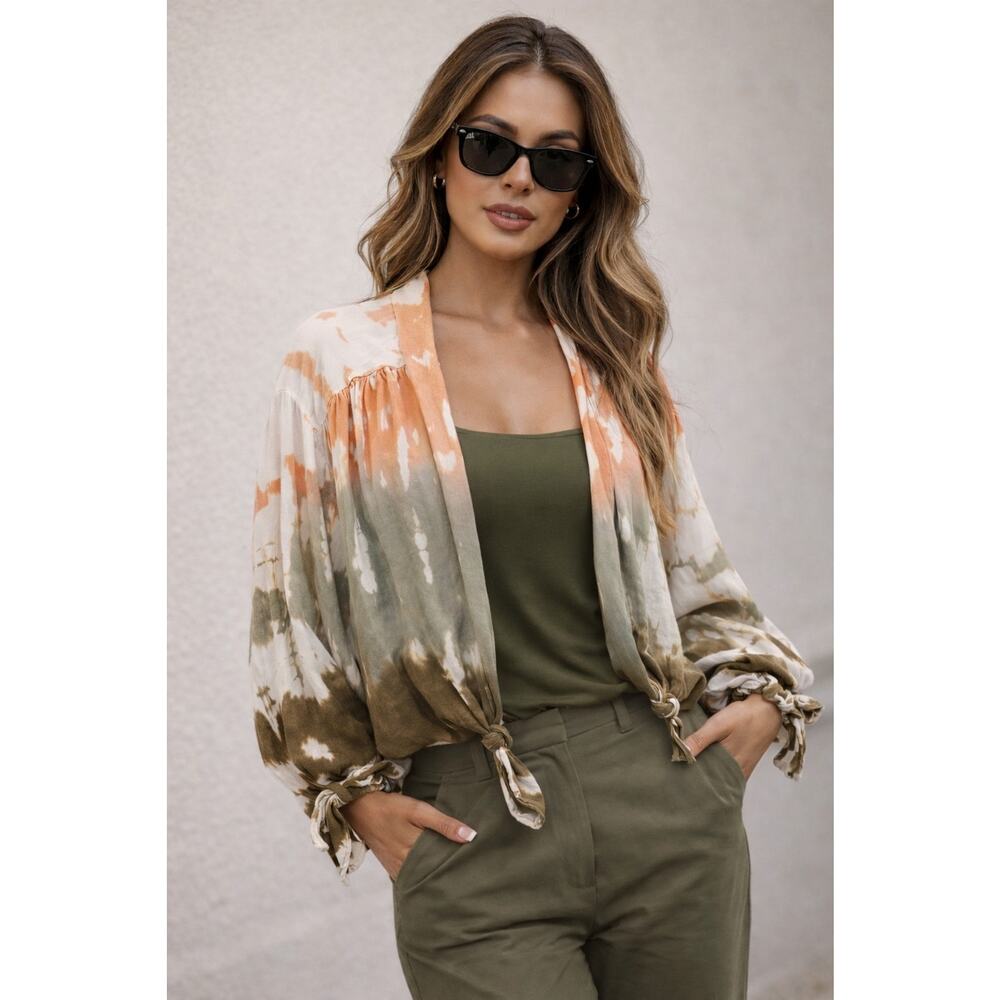 Young Fabulous & Broke Boho Carmen Tie-dye top in an OliveOrangeWhite Wash Sz L